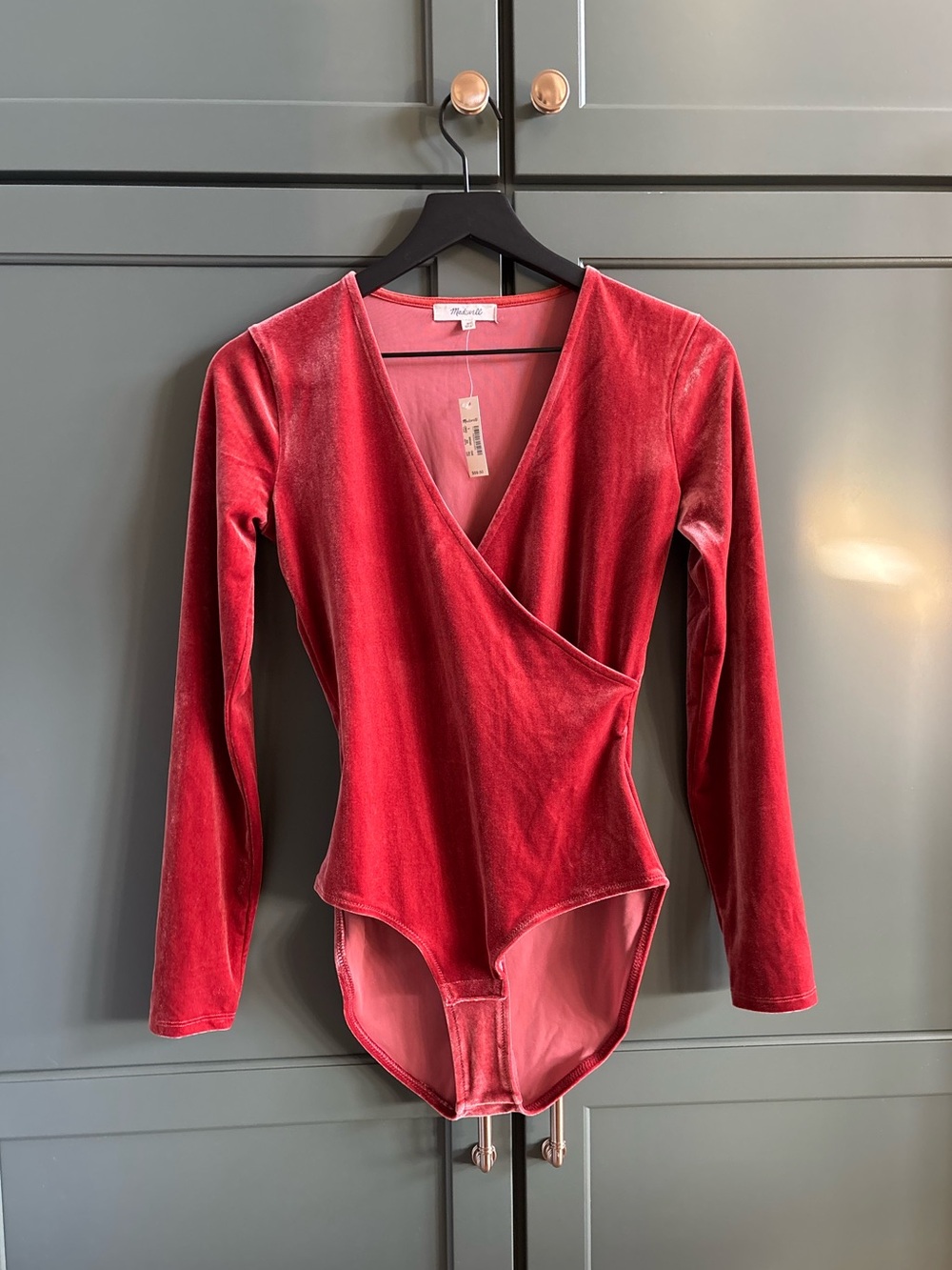NWT MADEWELL Long Sleeve Velvet Wrap Bodysuit, Burnished Rust, Fall, S